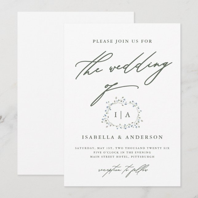 Invitación Boda verde y blanco ruso de Wreath Sage (Anverso / Reverso)