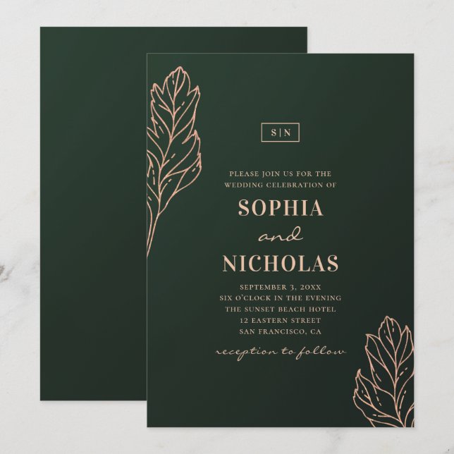 Invitación Boda verde y dorada elegante. Botánico esmeralda (Anverso / Reverso)