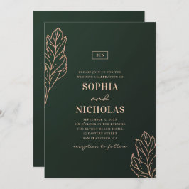 Invitación Boda verde y dorada elegante. Botánico esmeralda