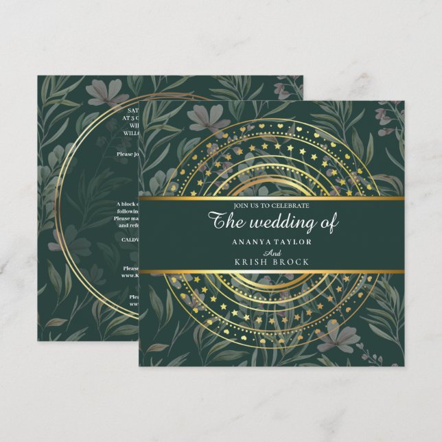 Invitación Boda verde y dorado en primavera (Anverso / Reverso)