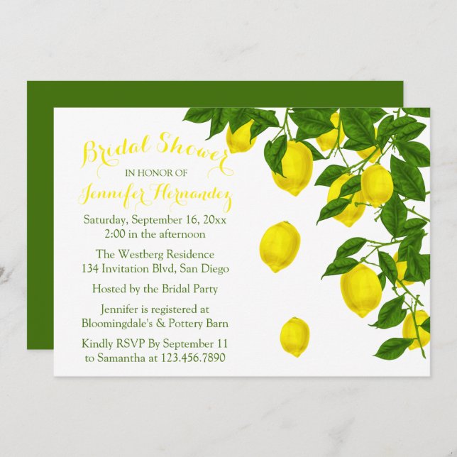 Invitación Boda verde y limón de la ducha de la novia amarill (Anverso / Reverso)