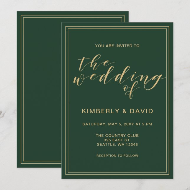 Invitación Boda Verde y Oro (Anverso / Reverso)