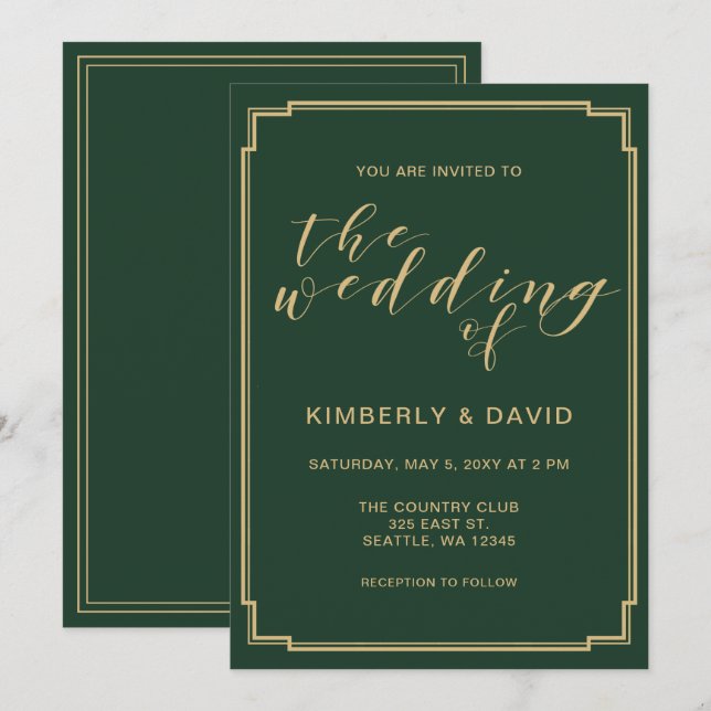 Invitación Boda Verde y Oro (Anverso / Reverso)