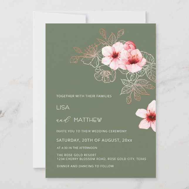 Invitación Boda verde y rosa de flor de cerezo (Anverso)