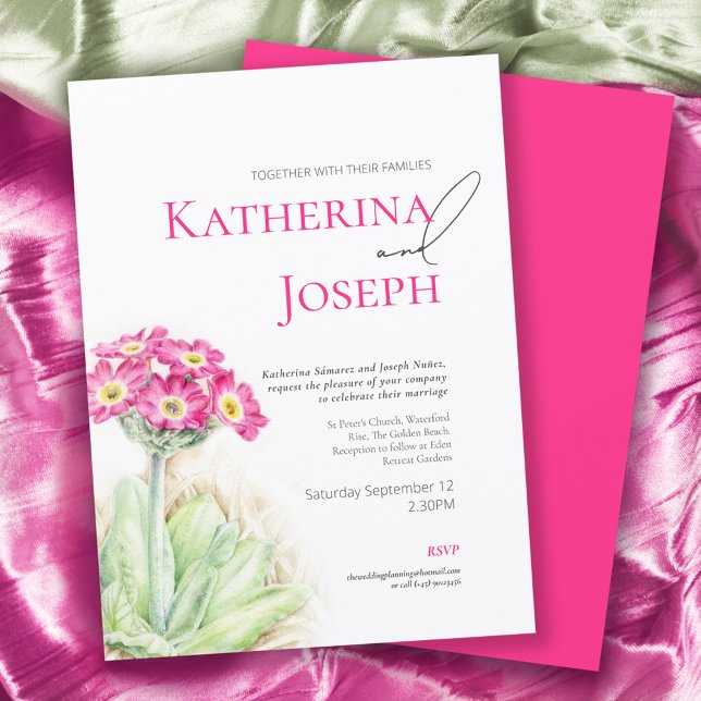 Invitación boda vertical acuarela rosa de prímula alpina  (Subido por el creador)