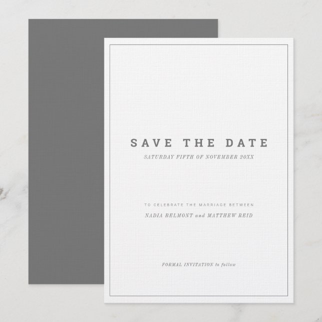 Invitación Boda vertical blanca gris mínima salva la fecha (Anverso / Reverso)