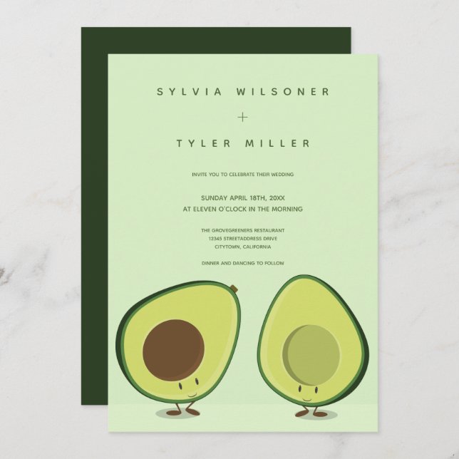 Invitación Boda vertical verde de aguacates ilustrados (Anverso / Reverso)