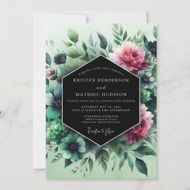 Invitación Boda Vesper de Esmeralda y Fucsia (Anverso)