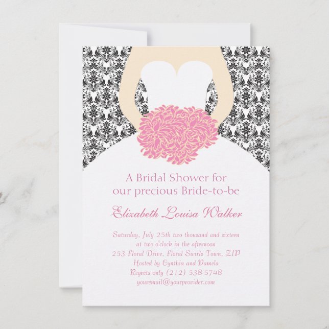 Invitación Boda vestido en damasco negro floral Ducha marrón (Anverso)