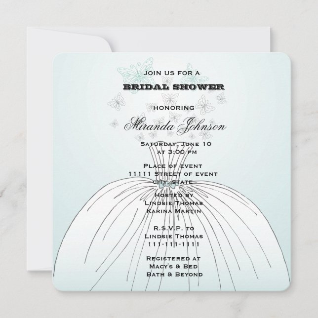 Invitación Boda Vestido Mariposas Ducha de Novias (Anverso)