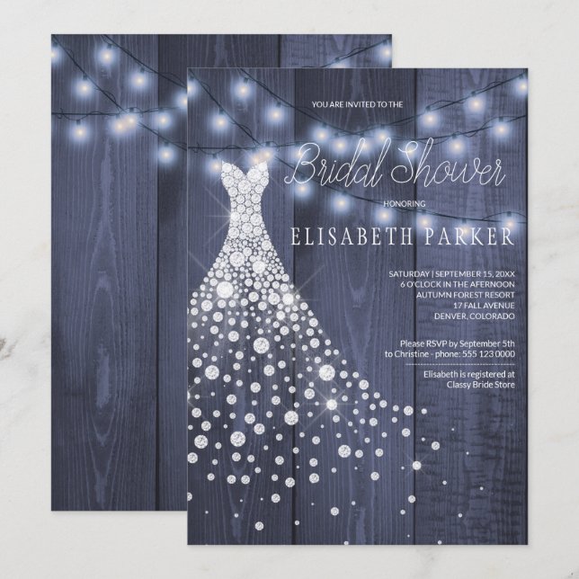 Invitación Boda Vestido Navy Barn Wood Ducha Nodal (Anverso / Reverso)