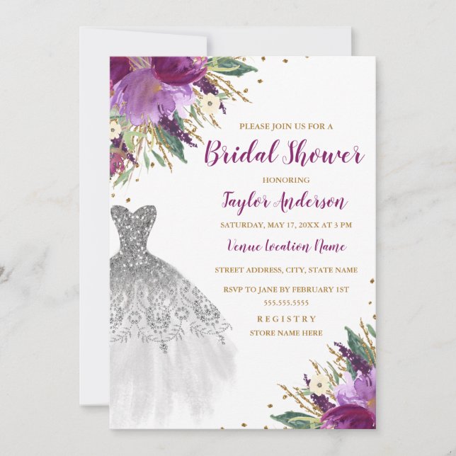 Invitación Boda Vestido Purpurina Amethyst Bridal Shower (Anverso)
