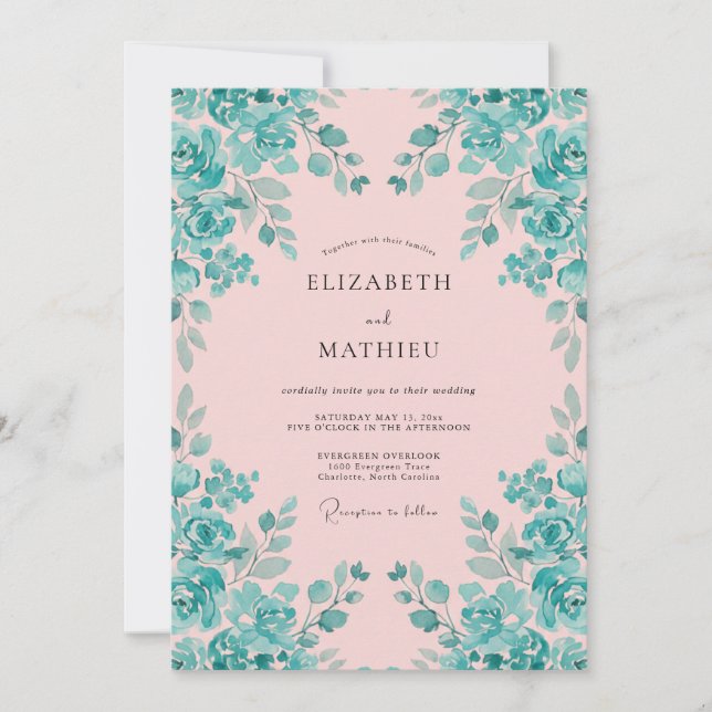 Invitación Boda Vibrante Acuarela Rosa Turquesa (Anverso)