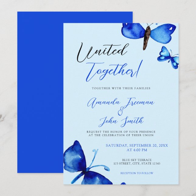 Invitación Boda vibrante de mariposas azul acuarela (Anverso / Reverso)
