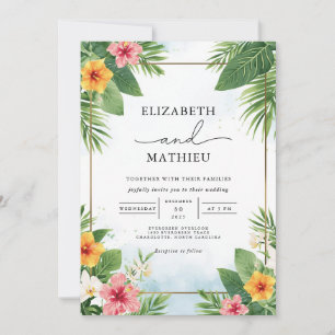 Invitación Boda vibrante del arco de la palma tropical