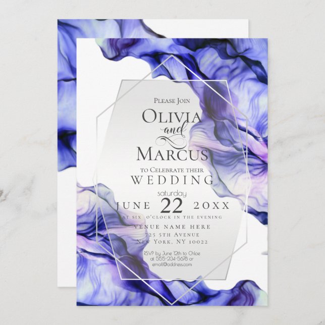 Invitación BODA | Vibrante Marina Indigo Abstract Ink (Anverso / Reverso)