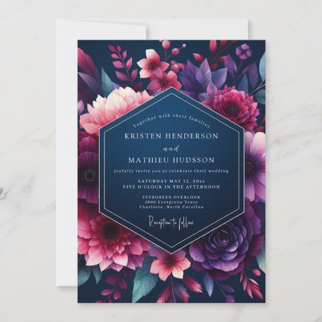 Invitación Boda Vibrante Navy & Fuchsia Bloom (Anverso)