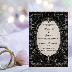 Invitación Boda Victoriana de Encaje Negro Gótico de Lujo