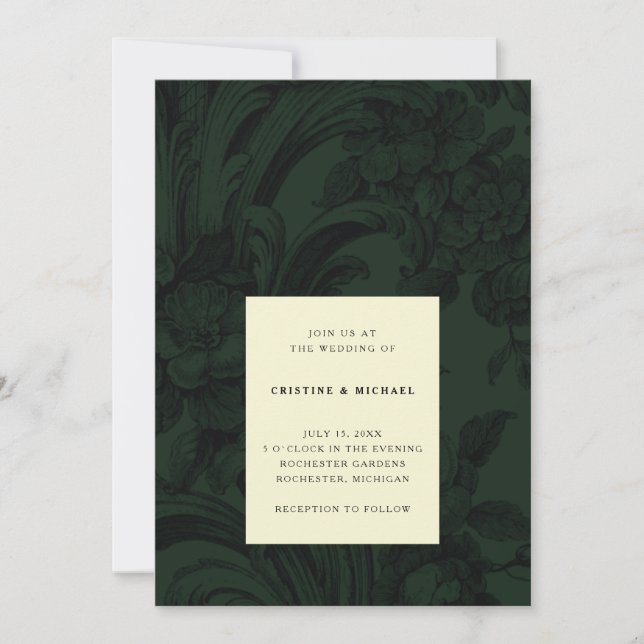 Invitación Boda victoriano de color verde oscuro  (Anverso)
