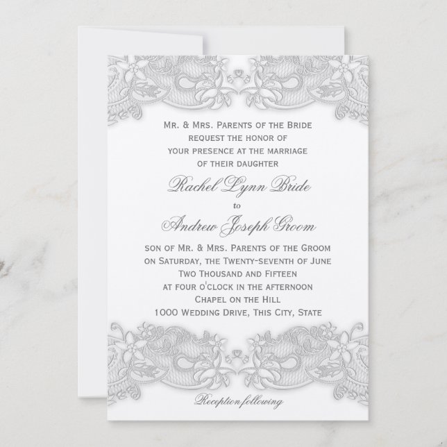 Invitación Boda Victoriano de Diseño Gris Floral Plateado (Anverso)