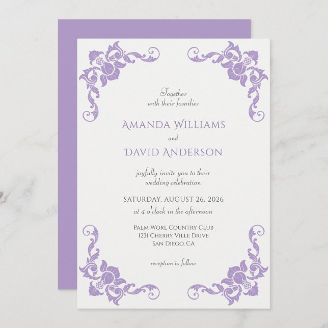 Invitación Boda victoriano de Lilac Lavender (Anverso / Reverso)