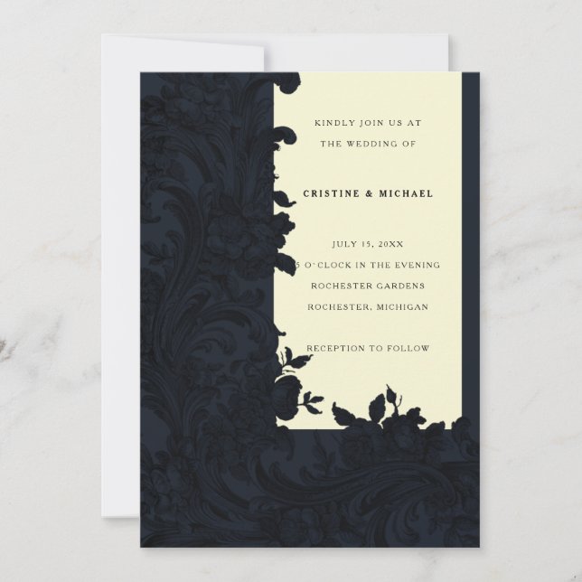 Invitación Boda victoriano floral azul oscuro ornamental (Anverso)