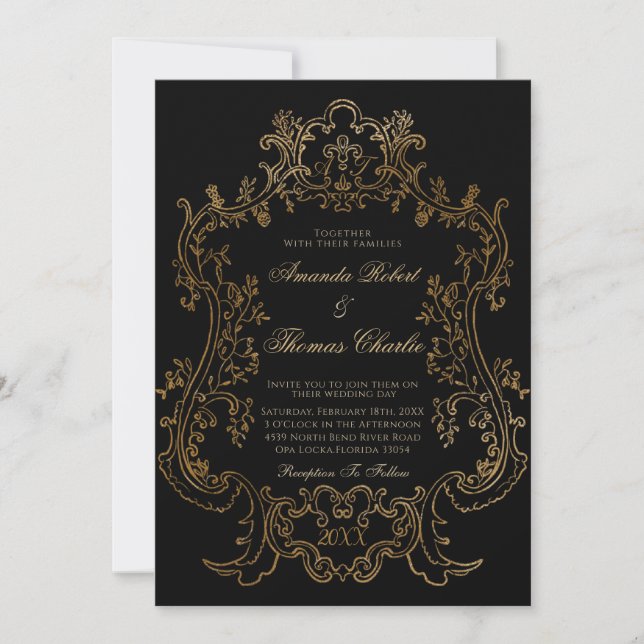 Invitación Boda Victoriano Negro y Oro (Anverso)