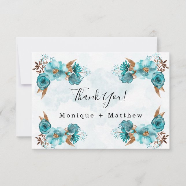 Invitación Boda Viejo Turquesa y Gold Peony Gracias (Anverso)