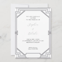 Invitación Boda Vintage Art Déco Simple de Plata y Blanco