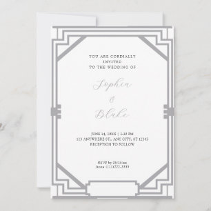 Invitación Boda Vintage Art Déco Simple de Plata y Blanco
