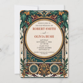 Invitación Boda Vintage Art Nouveau Verde Oro 