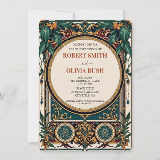 Invitación Boda Vintage Art Nouveau Verde Oro