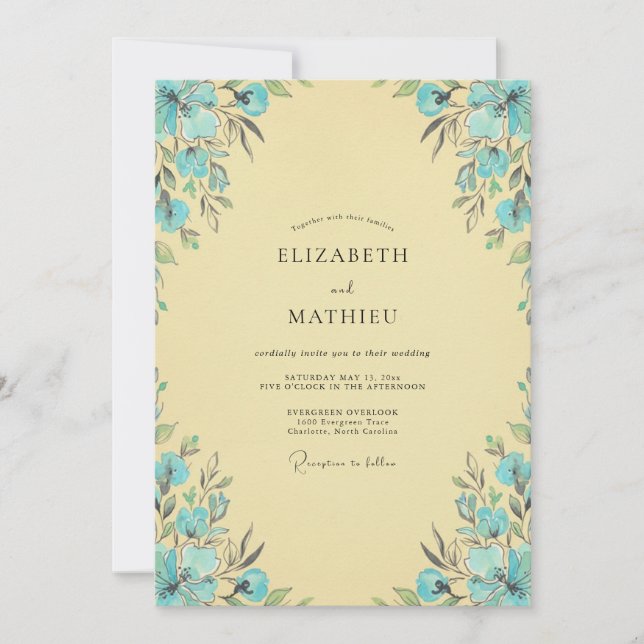 Invitación Boda Vintage Azul Acuático Delicado (Anverso)