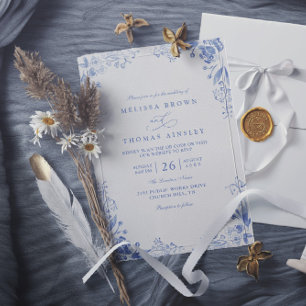 Invitación Boda Vintage Azul Floral Elegante Moderno Código Q