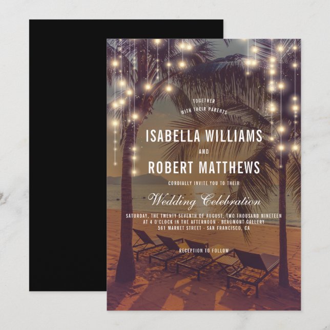Invitación Boda Vintage Beach Sunset & String Lights (Anverso / Reverso)