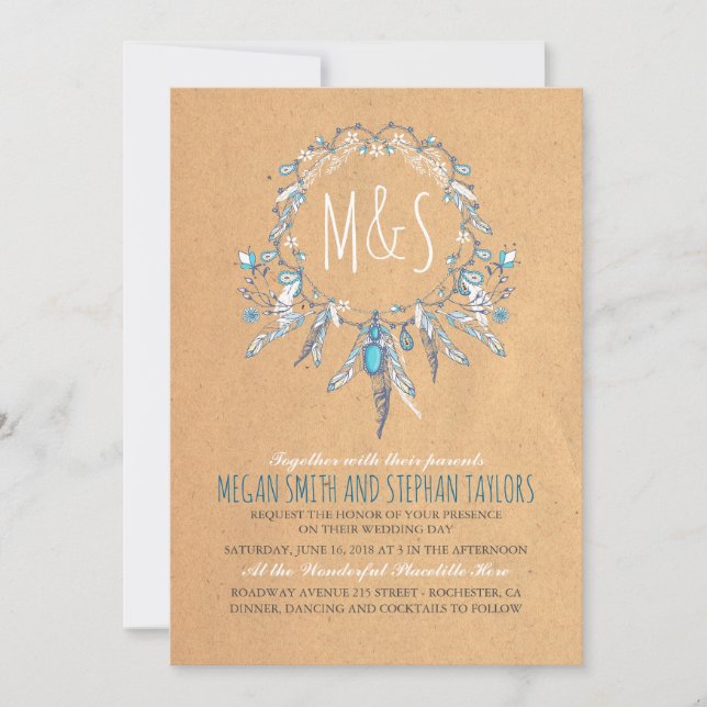 Invitación boda vintage boho dreamcatcher (Anverso)