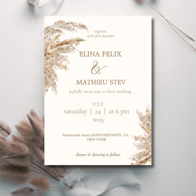 Invitación boda vintage boho rústico pampas (Subido por el creador)