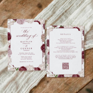 Invitación Boda Vintage Burgundy Hortensia Otoño Todo en Uno