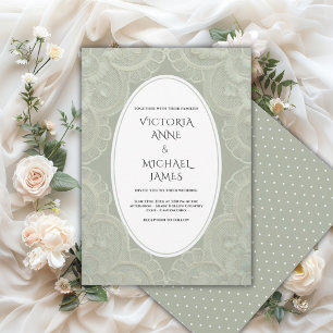 Invitación Boda Vintage Caprichosa de Encaje Verde Salvia