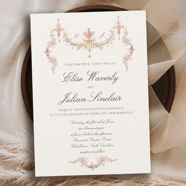 Invitación Boda Vintage Chateau Garden Regency Suave Rosa (regency romance vintage chateau garden wedding blush pink gold floral invitation)