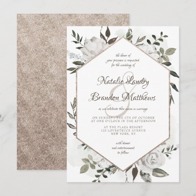 Invitación Boda Vintage Cherish White Floral Hexagon (Anverso / Reverso)