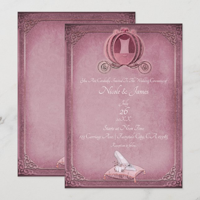 Invitación Boda Vintage Cinderella Rosa y Oro Rosa (Anverso / Reverso)