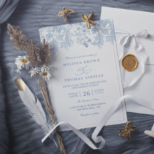 Invitación Boda Vintage con Código QR Floral Elegante Azul Po