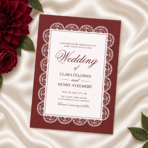 Invitación Boda Vintage con Marco de Encaje Blanco de Borgoña