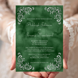 Invitación Boda vintage de acuarela verde esmeralda y plata