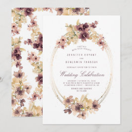 Invitación Boda vintage de color dorado y malva floral