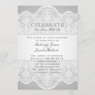 Invitación boda vintage de encaje blanco perla gris moderna