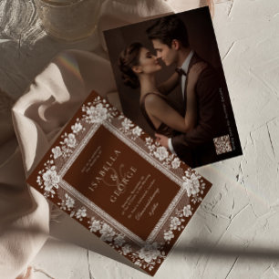 Invitación Boda Vintage de Encaje Marrón Chocolate Old Money