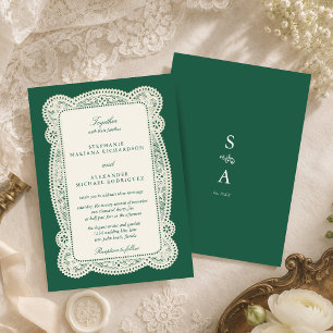 Invitación Boda Vintage de Encaje Verde Esmeralda Old Money