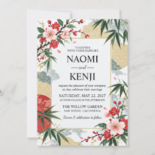 Invitación Boda Vintage de Flor de Cerezo Japonesa y Bambú